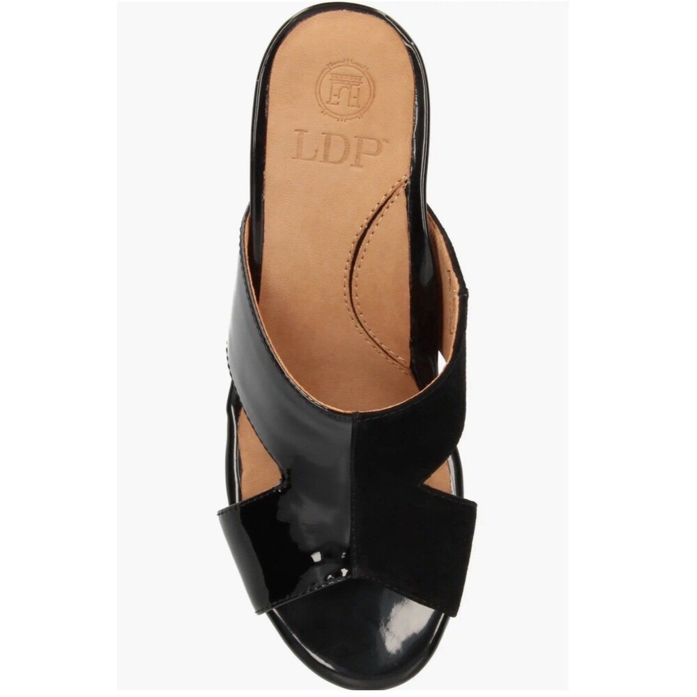 L'Amour Des Pieds Melena Sandal In Black Patented Leather & suede Size 8.5